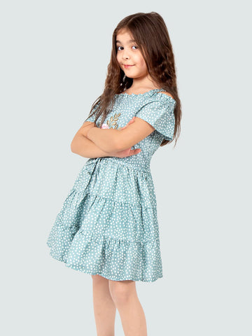 Polka Printed and Embroidered Off Shoulder Knee Length Polyester Dress For Girls