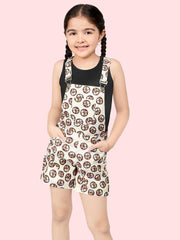 Printed Pure Cotton Printed Sleeveless Dungaree With Pockets & T-Shirt For Girls