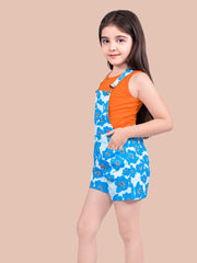 Printed Pure Cotton Printed Sleeveless Dungaree With Pockets & T-Shirt For Girls