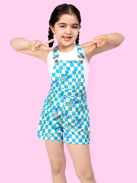 Printed Pure Cotton Sleeveless Dungaree With Pockets & T-Shirt For Girls 1080