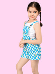 Printed Pure Cotton Sleeveless Dungaree With Pockets & T-Shirt For Girls