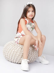 Pure Cotton Printed Sleeveless Dungaree With Pockets & T-Shirt For Girls