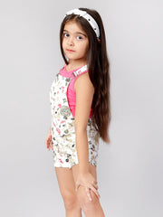 Pure Cotton Printed Sleeveless Dungaree With Pockets & T-Shirt For Girls