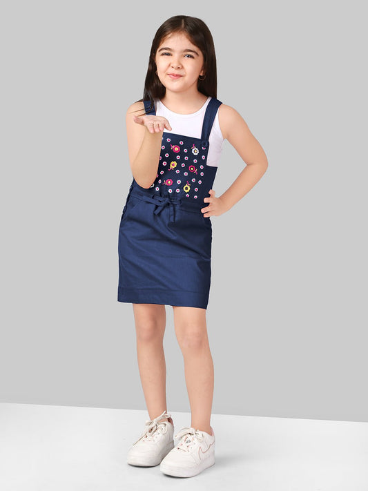 Pure Cotton Sleeveless Embroidered A-line Pinafore Dungaree Dress With T-Shirt For Girls 1080