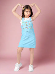 Pure Cotton Sleeveless Embroidered A-line Pinafore Dungaree Dress With T-Shirt For Girls
