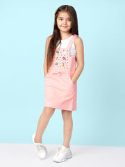 Pure Cotton Sleeveless Embroidered A-line Pinafore Dungaree Dress With T-Shirt For Girls