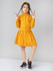 Pure Cotton Solid Woven Shirt Dress For Girls