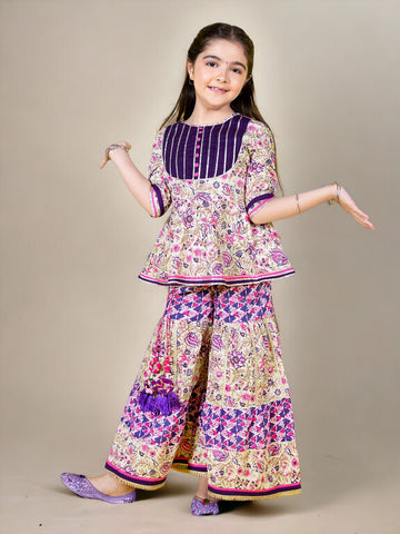Purple & Beige Gota Patti Ethnic Printed 2 Piece Kurta Sharara Set In Cotton For Girls
