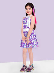 Purple Floral Printed Flared Dress For Girls