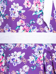 Purple Floral Printed Flared Dress For Girls