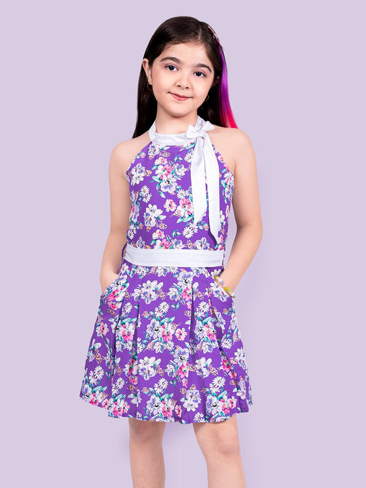 Purple Floral Printed Flared Dress For Girls 1080