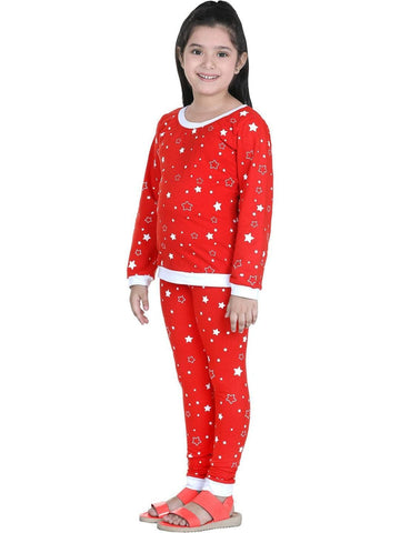 Red & White Printed Top And Leggings Long Sleeves Night Suit For Girls