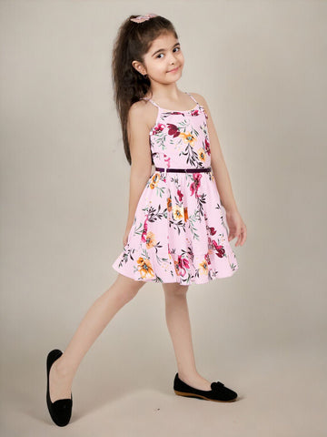 Shoulder Straps Sleeveless Polyester Floral Fit & Flare Dress For Girls