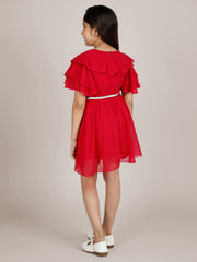 Solid Fit & Flare Ruffled Flared Sleeve Polyester Dress For Girls