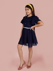 Solid Fit & Flare Ruffled Flared Sleeve Polyester Dress For Girls