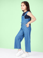 Solid Pure Cotton Sleeveless Dungaree With Pockets & T-Shirt For Girls