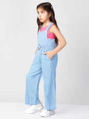 Solid Pure Cotton Sleeveless Dungaree With Pockets & T-Shirt For Girls