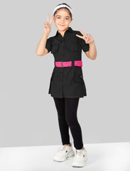 Solid Pure Cotton Spread Collared A-line Shirts Dress For Girls