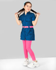 Solid Pure Cotton Spread Collared A-line Shirts Dress For Girls