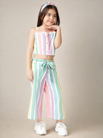 Striped Cotton 2 Piece Clothing Set Printed Top & Palazzo For Girls