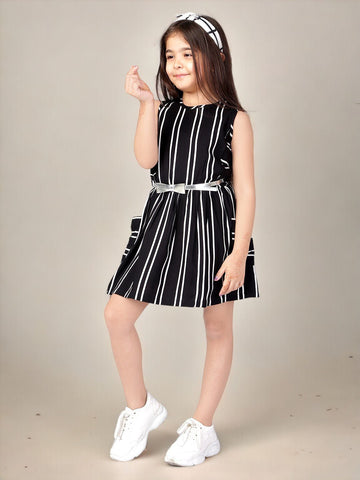 Striped Rayon Sleeveless Fit and Flare Dress For Girls