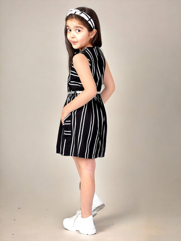 Striped Rayon Sleeveless Fit and Flare Dress For Girls
