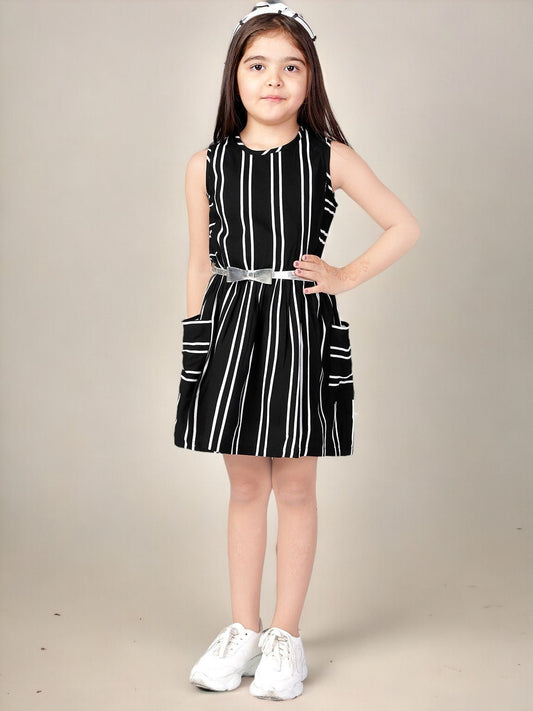 Striped Rayon Sleeveless Fit and Flare Dress For Girls 1080