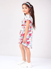 White Floral Printed Off Shoulder Fit & Flare Knee Length Polyester Dress For Girls