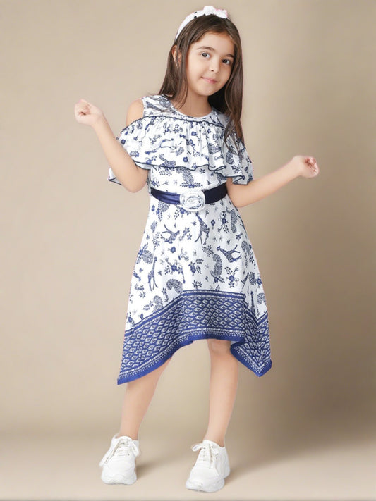 White & Navy Blue Printed Fit and Flare Dress 1080