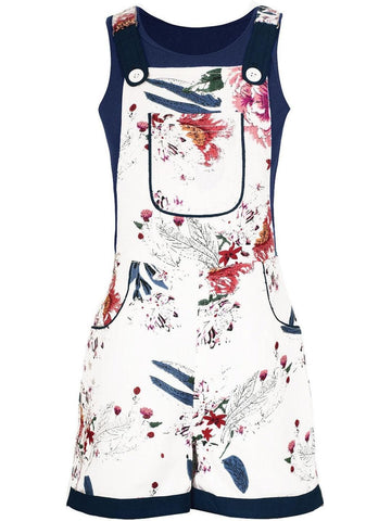 White & Navy Blue Pure Cotton Printed Sleeveless Dungaree With Pockets & T-Shirt For Girls