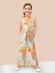 White & Orange Floral Printed Top With Palazzos