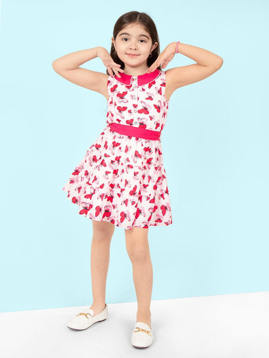 White & Pink Butterfly Printed Flared Dress 1080