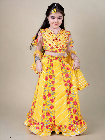 Yellow & Red ReadyMade Gota Patti Printed 3 Piece Lehenga Blouse Dupatta Set In Cotton For Girls