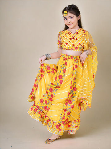 Yellow & Red ReadyMade Gota Patti Printed 3 Piece Lehenga Blouse Dupatta Set In Cotton For Girls